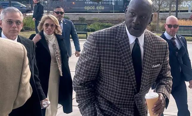 Michael Jordan arrives in the Western District of North Carolina on Monday Dec 1, 2025 for the start of the antitrust trial between 23XI Racing and Front Row Motorsports against NASCAR, in Charlotte, N.C. (AP Photo/Jenna Fryer)