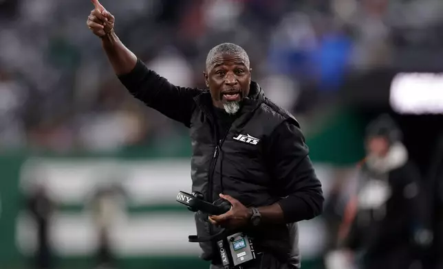 New York Jets head coach Aaron Glenn speaks to an official during the second half of an NFL football game against the Atlanta Falcons, Sunday, Nov. 30, 2025, in East Rutherford, N.J. (AP Photo/Adam Hunger)