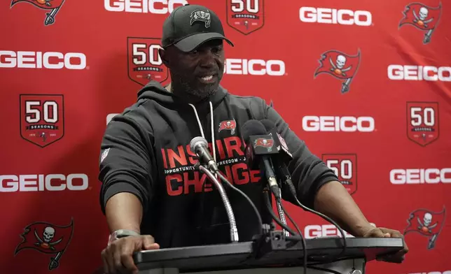 Tampa Bay Buccaneers head coach Todd Bowles speaks during a news conference after an NFL football game against the Miami Dolphins, Sunday, Dec. 28, 2025, in Miami Gardens, Fla. (AP Photo/Lynne Sladky)
