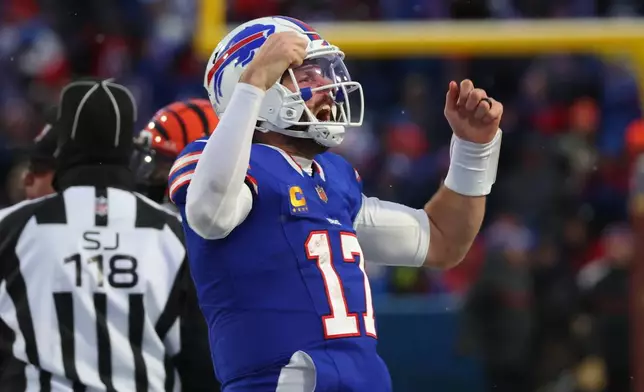 Buffalo Bills quarterback Josh Allen reacts during the second half of an NFL football game against the Cincinnati Bengals, Sunday, Dec. 7, 2025, in Orchard Park, N.Y. (AP Photo/Jeffrey T. Barnes)