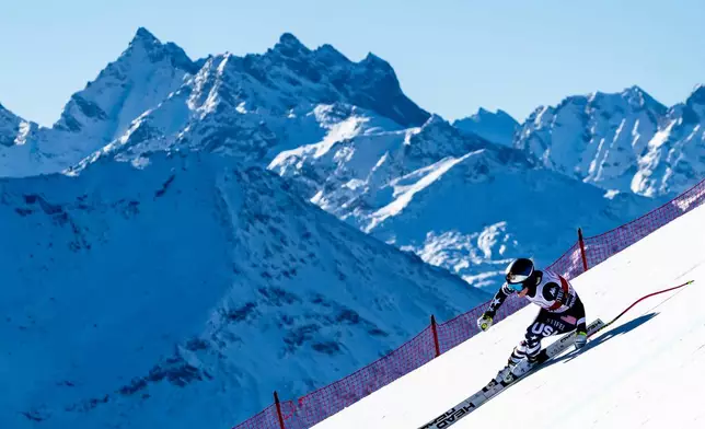 Lindsey Vonn of the United States during the women's Downhill training race at the Alpine Skiing FIS Ski World Cup in St. Moritz, Switzerland, Wednesday, Dec. 10, 2025. (Jean-Christophe Bott/Keystone via AP)