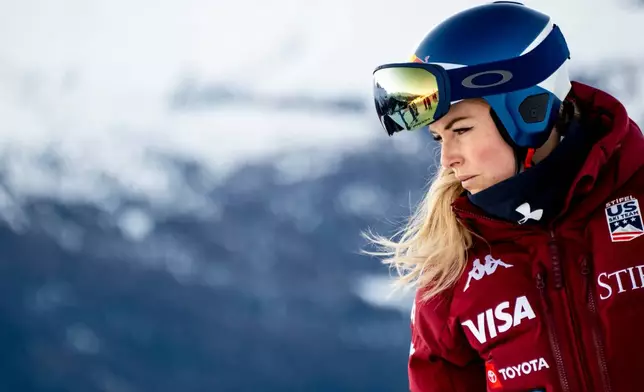 Lindsey Vonn of the United States before the women's Downhill training race at the Alpine Skiing FIS Ski World Cup in St. Moritz, Switzerland, Wednesday, Dec. 10, 2025. (Jean-Christophe Bott/Keystone via AP)