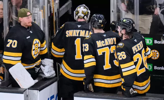 Boston Bruins goaltender Jeremy Swayman (1) heads to the locker room after a loss to the Montreal Canadiens following an NHL hockey game, Tuesday, Dec. 23, 2025, in Boston. (AP Photo/Charles Krupa)