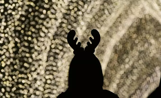 A woman walks through the San Francisco Botanical Garden's Winter Cathedral exhibit for Lightscape at Golden Gate Park in San Francisco, Wednesday, Dec. 17, 2025. (AP Photo/Jeff Chiu)