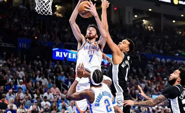Oklahoma City Thunder Chet Holmgren (7) goes for the rebound against San Antonio Spurs forward/center Victor Wembanyama (1) during the first half of an NBA basketball game, Thursday, Dec. 25, 2025, in Oklahoma City. (AP Photo/Gerald Leong)