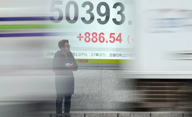 A person stands in front of an electronic stock board showing Japan's Nikkei index at a securities firm Monday, Dec. 22, 2025, in Tokyo. (AP Photo/Eugene Hoshiko)