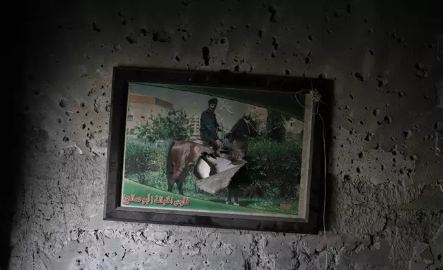 A framed photo of Muhammad Qutay, who served in the Palestinian Authority's cavalry, hangs on a damaged wall in the family home in the Al-Karama neighborhood of Gaza City, Wednesday, Nov. 24, 2025. (AP Photo/Jehad Alshrafi)