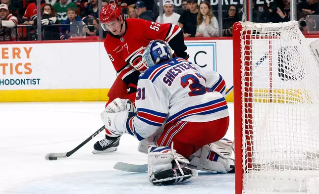 Carolina Hurricanes' Jackson Blake (53) controls the puck in front of New York Rangers goaltender Igor Shesterkin (31) during an overtime period of an NHL hockey game in Raleigh, N.C., Monday, Dec. 29, 2025. (AP Photo/Karl DeBlaker)