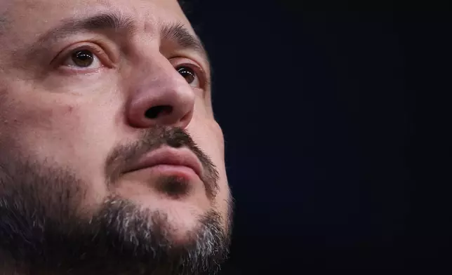 Ukraine's President Volodymyr Zelenskyy addresses a media conference during the EU Summit in Brussels, Thursday, Dec. 18, 2025. (AP Photo/Omar Havana)