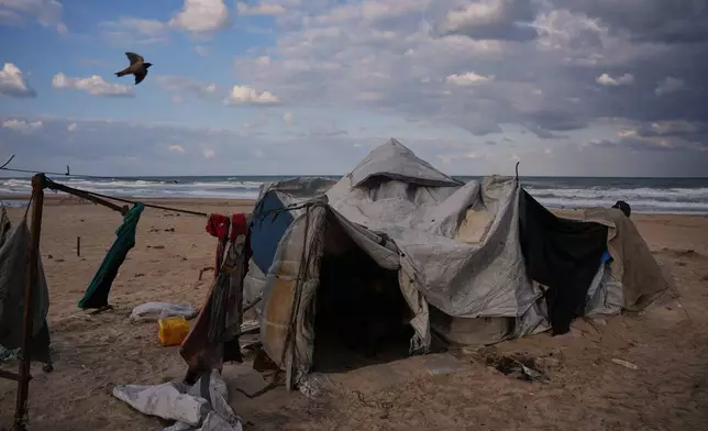 A bird flies over a damaged tent following recent days of rain in a makeshift camp for displaced Palestinians set up on the beach in Gaza City, Tuesday, Dec. 16, 2025. (AP Photo/Abdel Kareem Hana)