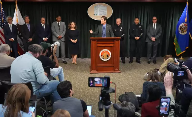 Los Angeles District Attorney Nathan Hochman announces developments about the murder case of Rob Reiner and his wife Michele Tuesday, Dec. 16, 2025, in Los Angeles. (AP Photo/Damian Dovarganes)