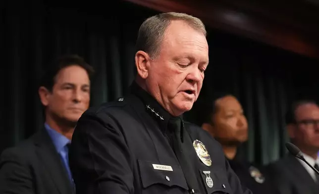 LAPD Chief Jim McDonnell announces developments about the murder case of Rob Reiner and his wife Michele Tuesday, Dec. 16, 2025, in Los Angeles. (AP Photo/Damian Dovarganes)
