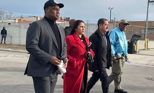 Four Illinois members of Congress left to right; Rep. Jonathan Jackson, D-Ill., Rep. Delia Ramirez, D-Ill., Jesus Garcia, D-Ill., and Rep. Danny Davis, D-Ill., prepare to enter the U.S. Immigration and Customs Enforcement processing center Monday, Dec. 22, 2025, in Broadview, Ill. (AP Photo/Sophia Tareen)