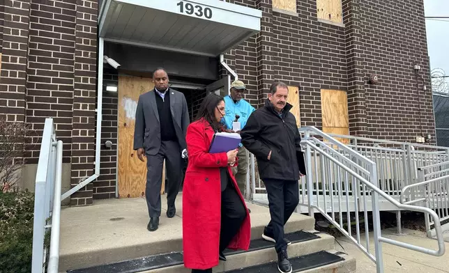 Four Illinois members of Congress left to right; Rep. Jonathan Jackson, D-Ill., Rep. Delia Ramirez, D-Ill., Rep. Danny Davis, D-Ill., and Jesus Garcia, D-Ill., leave after a visit to the U.S. Immigration and Customs Enforcement processing center in Broadview, Ill. (AP Photo/Sophia Tareen)