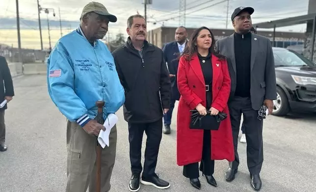 Four Illinois members of Congress left to right; Rep. Danny Davis, D-Ill., Jesus Garcia, D-Ill., Rep. Delia Ramirez, D-Ill., Rep. Jonathan Jackson, D-Ill., prepare to enter the U.S. Immigration and Customs Enforcement processing center Monday, Dec. 22, 2025, in Broadview, Ill. (AP Photo/Sophia Tareen)