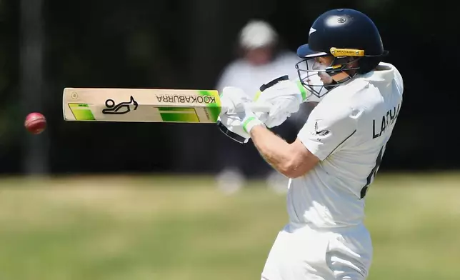 New Zealand's Tom Latham bats against the West Indies on day 3 during their cricket test match in Christchurch, New Zealand, Thursday, Dec. 4, 2025. (Chris Symes/Photosport via AP)