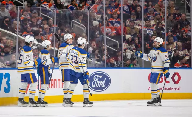 Buffalo Sabres Alex Tuch (89) celebrates a goal with Mattias Samuelsson (23), Tage Thompson (72), Peyton Krebs (19), and Owen Power (25) during the second period of an NHL hockey game against the Edmonton Oilers in Edmonton, Alberta, Tuesday, Dec. 9, 2025. (Amber Bracken/The Canadian Press via AP)