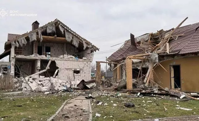 In this photo provided by the Ukrainian Emergency Service on Tuesday, Dec. 23, 2025, a residential house is seen damaged after a Russian strike in Zhytomyr region, Ukraine. (Ukrainian Emergency Service via AP)