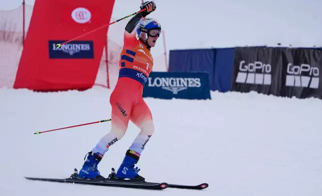 Switzerland's Marco Odermatt reacts at the finish line during a World Cup men's giant slalom skiing race, Sunday, Dec. 7, 2025, in Beaver Creek, Colo. (AP Photo/John Locher)