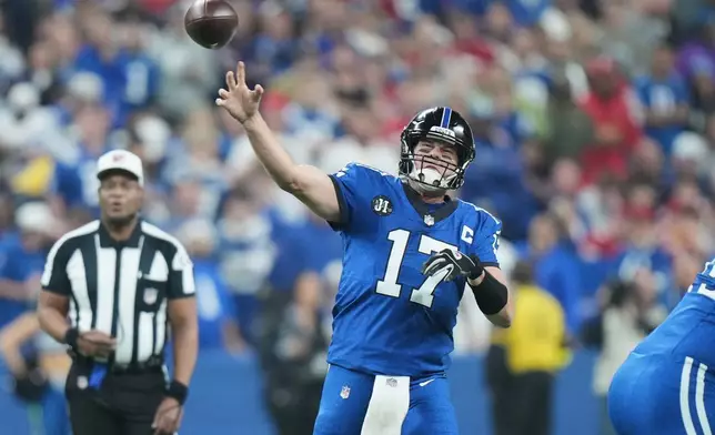 Indianapolis Colts quarterback Philip Rivers (17) passes against the San Francisco 49ers during the first half of an NFL football game, Monday, Dec. 22, 2025, in Indianapolis. (AP Photo/AJ Mast)