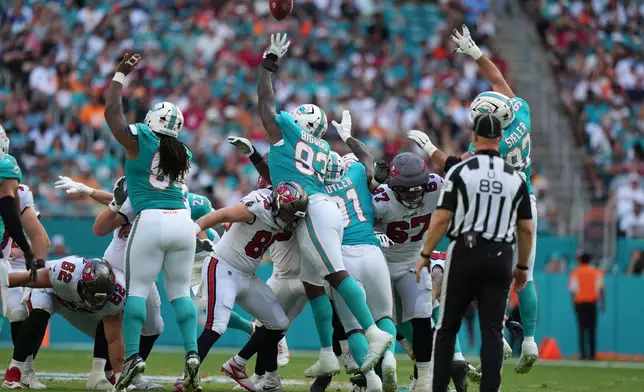 Miami Dolphins defensive tackle Zeek Biggers (93) blocks a field goal-attempt by the Tampa Bay Buccaneers during the first half of an NFL football game Sunday, Dec. 28, 2025, in Miami Gardens, Fla. (AP Photo/Lynne Sladky)