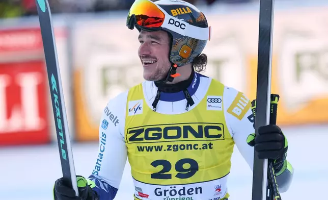 Czech Republic's Jan Zabystran reacts after completing an alpine ski, men's World Cup super-G, in Val Gardena, France, Friday, Dec.19, 2025 (AP Photo/Alessandro Trovati)