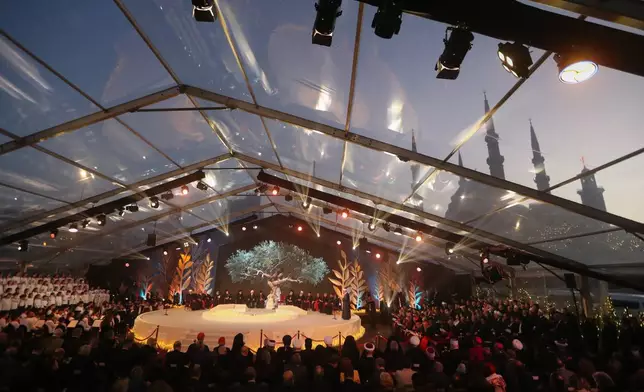 Pope Leo XIV attends an ecumenical and interreligious meeting at Martyrs' Square in downtown Beirut, Lebanon, Monday, Dec. 1, 2025. (AP Photo/Mohammad Zaatari)