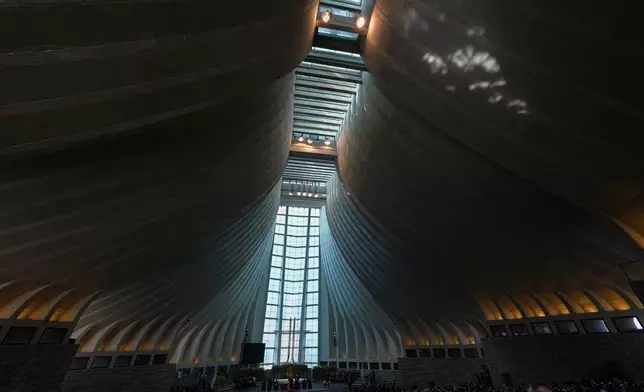 Pope Leo XIV meets with bishops, priests, consecrated people and pastoral workers at the Shrine of Our Lady of Lebanon in Harissa, Lebanon, Monday, Dec. 1, 2025. (AP Photo/Domenico Stinellis)