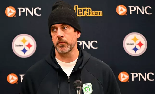 Pittsburgh Steelers quarterback Aaron Rodgers speaks during a news conference after an NFL football game against the Cleveland Browns, Sunday, Dec. 28, 2025, in Cleveland. (AP Photo/David Richard)