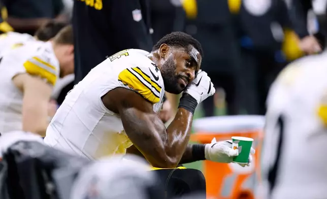 Pittsburgh Steelers' DK Metcalf wipes his face on the bench during the second half of an NFL football game against the Detroit Lions, Sunday, Dec. 21, 2025, in Detroit. (AP Photo/Rey Del Rio)