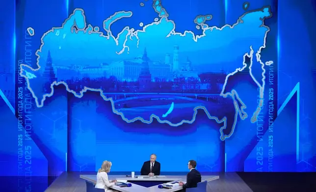 Russian President Vladimir Putin speaks during his annual news conference and call-in show at Gostinny Dvor, in Moscow, on Friday, Dec. 19, 2025. (AP Photo/Pavel Bednyakov)