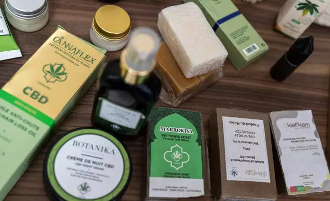 CBD and medicinal cannabis products are displayed inside a cooperative that is licensed to produce and sell them, near Bab Berred, Chefchaouen, Morocco, Monday, Nov. 24, 2025. (AP Photo/Mosa'ab Elshamy)