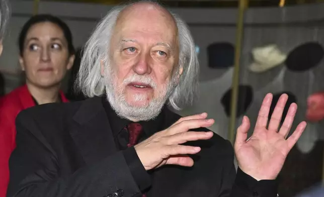 László Krasznahorkai, laureate in literature, speaks during the signing of the Nobel chair at the Nobel Museum in Stockholm, Sweden, Saturday, Dec. 6, 2025. (Claudio Bresciani/TT News Agency via AP)