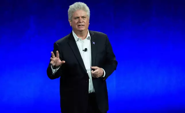 FiLE - Michael O'Leary, president and CEO of Cinema United, addresses the audience during the "State of the Industry" presentation at CinemaCon, on Tuesday, April 1, 2025, at Caesars Palace in Las Vegas. (AP Photo/Chris Pizzello, File)
