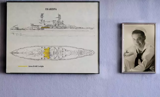 FILE - A photo of Pearl Harbor survivor Lou Conter, 101, as a young sailor is displayed at his home in Grass Valley, Calif., Nov. 18, 2022. (AP Photo/Rich Pedroncelli, File)