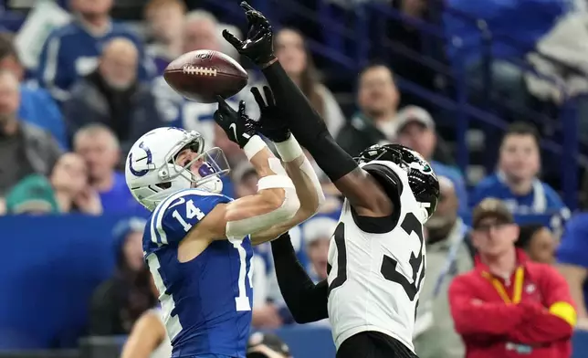 Jacksonville Jaguars cornerback Montaric Brown, right, breaks up a pass intended for Indianapolis Colts wide receiver Alec Pierce (14) during the second half of an NFL football game Sunday, Dec. 28, 2025, in Indianapolis. (AP Photo/AJ Mast)