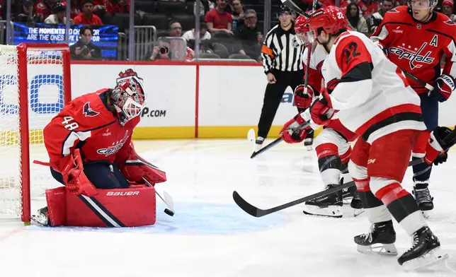 Washington Capitals goaltender Logan Thompson (48) stops the puck against Carolina Hurricanes center Logan Stankoven (22) during the second period of an NHL hockey game, Thursday, Dec. 11, 2025, in Washington. (AP Photo/Nick Wass)