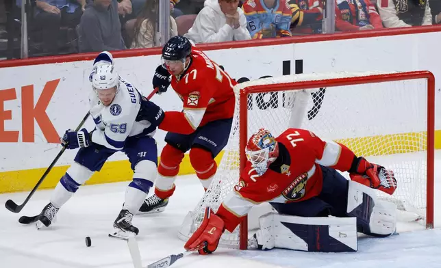 Florida Panthers goaltender Sergei Bobrovsky (72) and defenseman Niko Mikkola (77) defend the goal against Tampa Bay Lightning center Jake Guentzel (59) during the second period of an NHL hockey game, Saturday, Dec. 27, 2025, in Sunrise, Fla. (AP Photo/Rhona Wise)