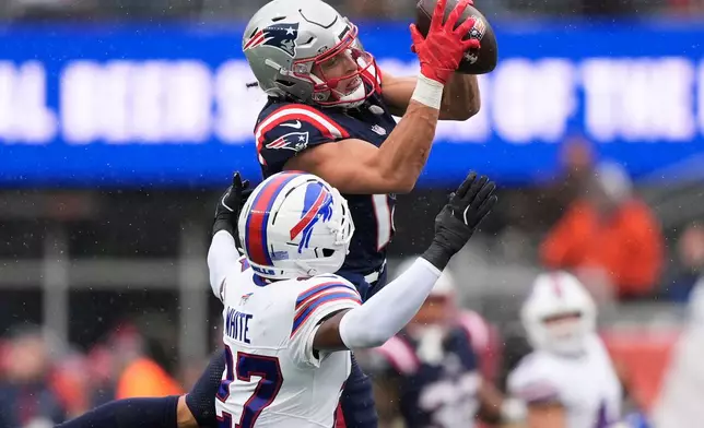 New England Patriots wide receiver Mack Hollins, top, catches a pass over Buffalo Bills cornerback Tre'Davious White (27) during the first half of an NFL football game in Foxborough, Mass., Sunday, Dec. 14, 2025. (AP Photo/Robert F. Bukaty)