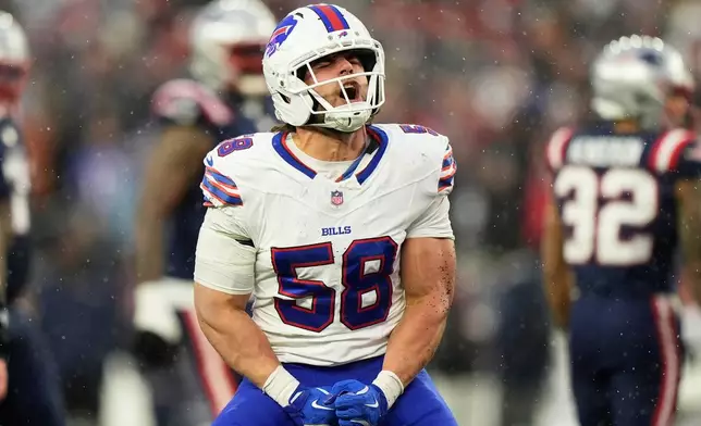 Buffalo Bills outside linebacker Matt Milano (58) reacts after sacking New England Patriots quarterback Drake Maye during the second half of an NFL football game in Foxborough, Mass., Sunday, Dec. 14, 2025. (AP Photo/Robert F. Bukaty)
