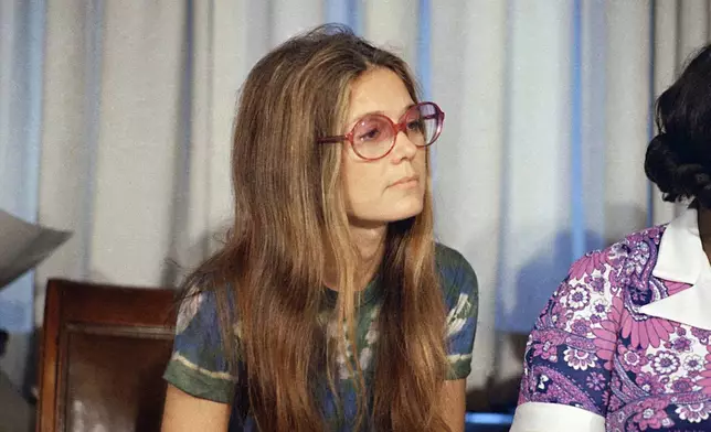FILE - Women's rights spokeswoman Gloria Steinem attends a news conference at the American Civil Liberties Union office in New York, July 12, 1973. (AP Photo/Richard Drew, File)