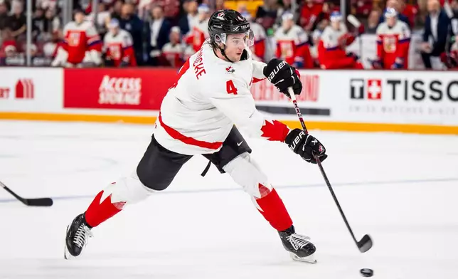Canada's Harrison Brunicke (4) shoots against Czechia's net during second-period IIHF World Junior Championship hockey game action in Minneapolis, Friday, Dec. 26, 2025. (Christopher Katsarov/The Canadian Press via AP)