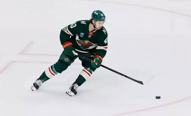 Minnesota Wild defenseman Quinn Hughes warms up before an NHL hockey game against the Boston Bruins, Sunday, Dec. 14, 2025, in St. Paul, Minn. (AP Photo/Bailey Hillesheim)