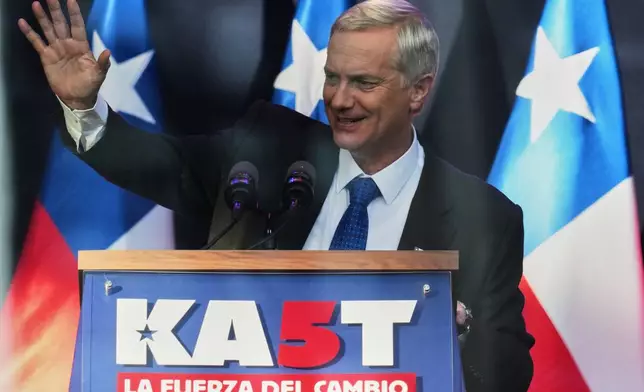 Presidential candidate Jose Antonio Kast, of the Republican Party, addresses supporters during a rally ahead of the presidential runoff election in Temuco, Chile, Thursday, Dec. 11, 2025. (AP Photo/Esteban Felix)