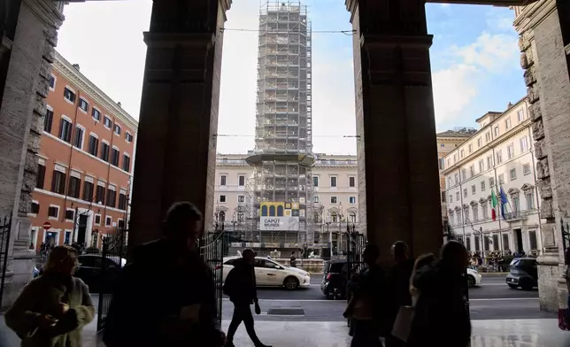 General view of the restauration site of the second-century A.D. Column of Marcus Aurelius in central Rome during a media tour, Thursday, Dec. 18, 2025. (AP Photo/Domenico Stinellis)