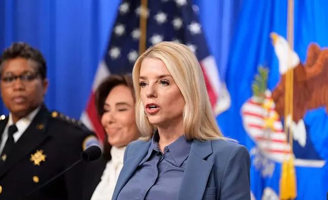 Attorney General Pam Bondi speaks about the recent arrest in the pipe bombs on the eve of the Jan. 6, 2021, riot at the U.S. Capitol, during a news conference at the Department of Justice, Thursday, Dec. 4, 2025, in Washington. (AP Photo/Alex Brandon)