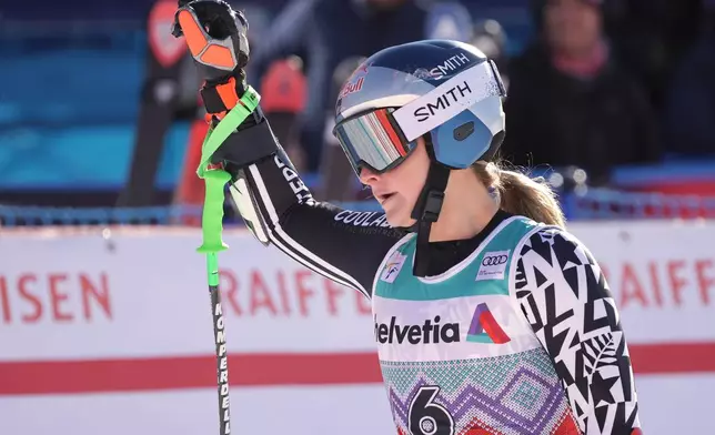 New Zealand's Alice Robinson reacts after completing an alpine ski, women's World Cup super-G event, in St. Moritz, Switzerland, Sunday Dec. 14, 2025. (AP Photo/Luciano Bisi)
