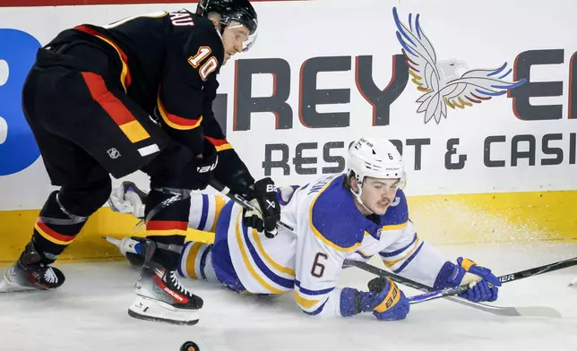 Buffalo Sabres' Zach Benson, right, is checked by Calgary Flames' Jonathan Huberdeau during the first period of an NHL hockey game in Calgary, Alberta, Monday, Dec. 8, 2025. (Jeff McIntosh/The Canadian Press via AP)
