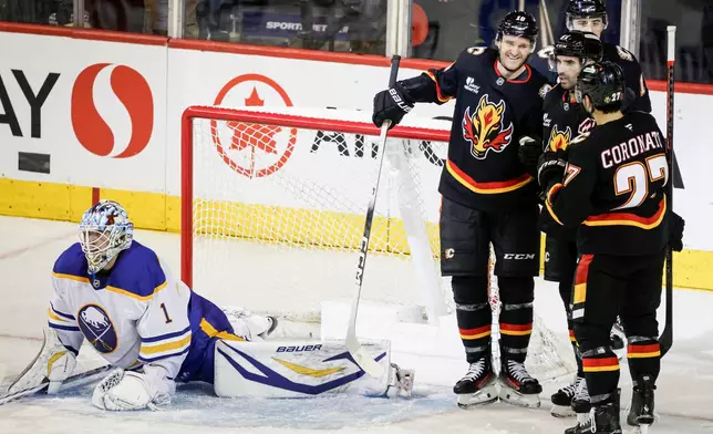 Buffalo Sabres goalie Ukko-Pekka Luukkonen, left, reacts as Calgary Flames' Jonathan Huberdeau, centre, celebrates his goal with teammates during the second period of an NHL hockey game, in Calgary, Alberta, Monday, Dec. 8, 2025. (Jeff McIntosh/The Canadian Press via AP)