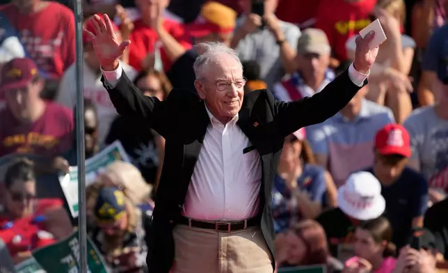 FILE - Sen. Chuck Grassley, R-Iowa, arrives at a President Donald Trump rally, July 3, 2025, in Des Moines, Iowa. (AP Photo/Charlie Neibergall, File)